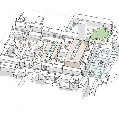 Fortætning i karré med erhvervsbyggeri og ny åben facade på Midt I.